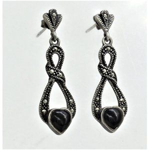 925 STERLING EARRINGS  signed TH, vintage, marcasite, onyx heart, art deco